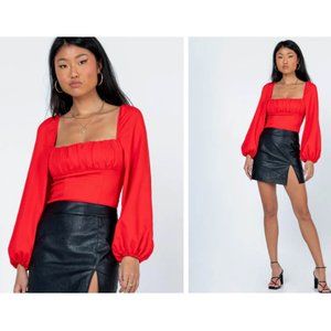 Princess Polly Laura Red Bodysuit Puff Long Sleeve  Square Neck